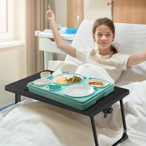 Black Adjustable Overbed Bedside Table, Hospital Bed Table with Wheels, Portable Rolling Desk, Mobile Small Standing Desk, Rolling Laptop Stand, Computer Cart