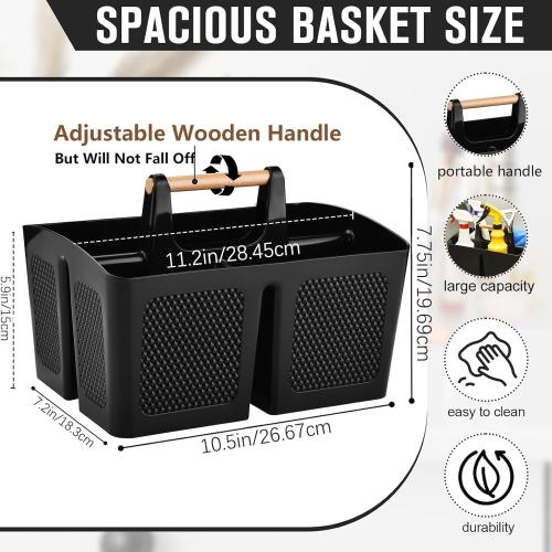 Haundry Plastic Black Shower Caddy Basket with 3 Compartments, Portable Divided Bathroom Cleaning Caddy Organizer Storage Tote with Handle for Dorm, College, Room Essentials