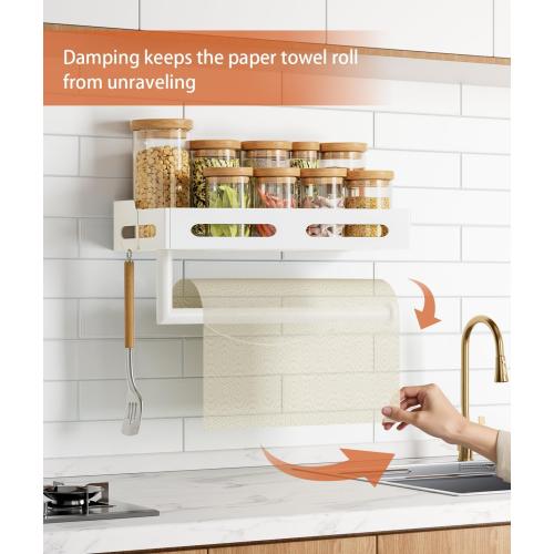 Paper Towel Holder Wall Mount with Shelf, Easy One Hand Tear, Adhesive Glue or Drill Mount Hanging Paper Towel Holder with Shelf for Kitchen/Bathroom/RV, White Metal, 4 Hooks