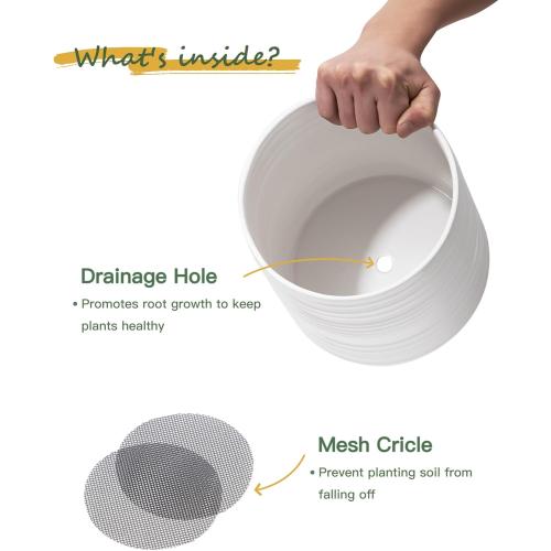 Ceramic Plant Pots, 6/8/10 Inch Ceramic Planter with Drainage Hole and Mesh Pad, White Outdoor Planter Pots with Stripes for Home Office Garden Patio, Set of 3