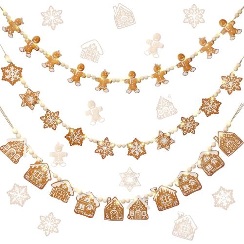 Youyole 3 Pcs Wooden Gingerbread Garland Banner LED Christmas Wooden Bead Gingerbread Man House Snowflake Decoration 5.9 ft Rustic Hanging Banner for Mantel Fireplace Holiday Room Wall Decoration