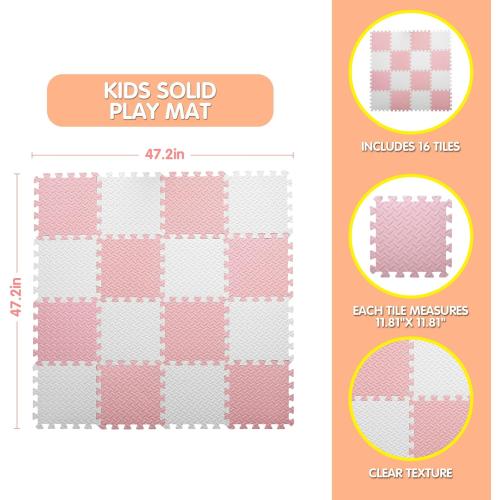 16 Tiles Foam Play Mat for Baby, Soft & Safe EVA Foam Mats for Floor, Square Baby Play Mat, Kids Foam Puzzle Floor Mat, Play Mat for Playpen(White/Loli Pink)