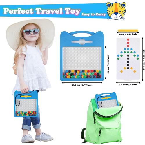 Magnetic Drawing Board for Kids, Toddler Magnet Doodle Board with Beads and 2 Pens, Magnetic Dot Art Toys, Airplane Car Travel Activities (Blue Cat)
