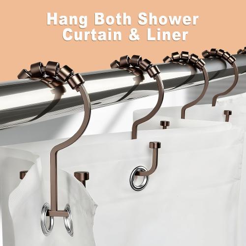 BBV Shower Curtain Hooks Rings, 12 Pcs Rust Resistant Metal Double Glide Shower Hooks for Bathroom Shower Rods Curtains (Bronze)