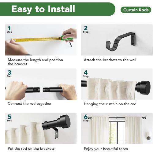 Time Forest Curtain Rods for Windows 32 to 170, 1 Inch Adjustable Black Heavy Duty Long Window Outdoor Curtain Rod for Patio, Modern Drapery Rods with Simple End Caps, Size 32-170