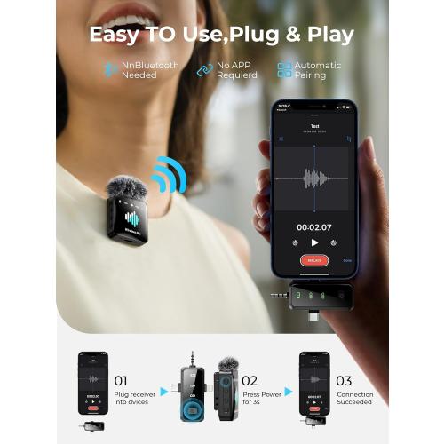 3-in-1 Mini Microphone for iPhone: Wireless Lavalier Microphone with 80ft Range & 15H Battery - Noise Reduction Lapel Mic, Real-Time Monitoring for Video Recording, Vlog,Light Black