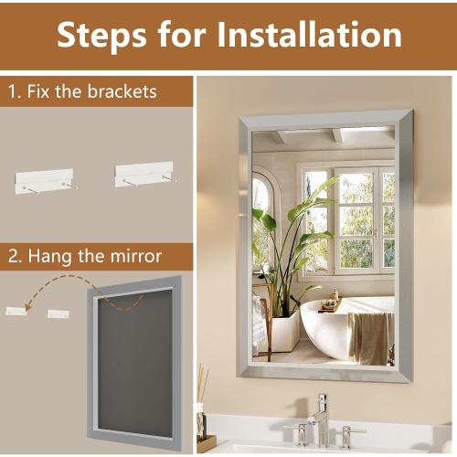 SMIROR Brushed Silver Bathroom Mirror for Over Sink, 36”x 30” Metal Thick Framed Rectangle Vanity Mirror for Wall, Right Angle Corner, Anti-Rust, Horizontally or Vertically Mounted