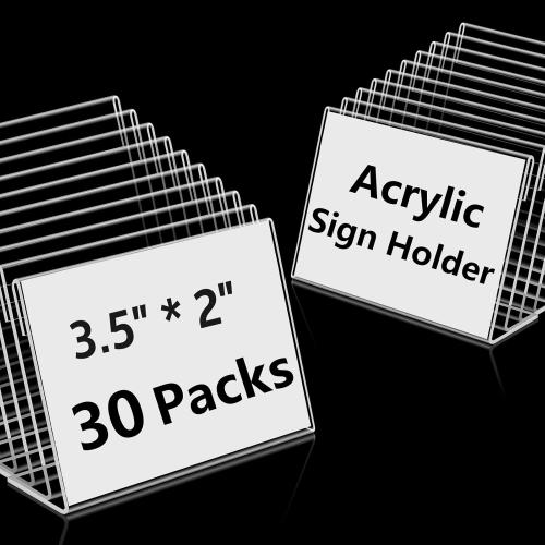30 PCS Small Acrylic Sign Holder 3.5 x 2, Mini Acrylic Food Sign Labels for Party Buffet, Retail Price Display Holder, Clear Plastic Table Counter Top Stand for Place Cards, Name Card, Wedding Signs