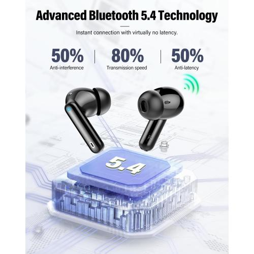 Wireless Earbuds, Bluetooth 5.4 Headphones Bass Stereo, Ear Buds with Noise Cancelling Mic, LED Display in Ear Earphones Clear Calls, IP7 Waterproof Bluetooth Earbuds for Phones/Sports/Laptop, Black