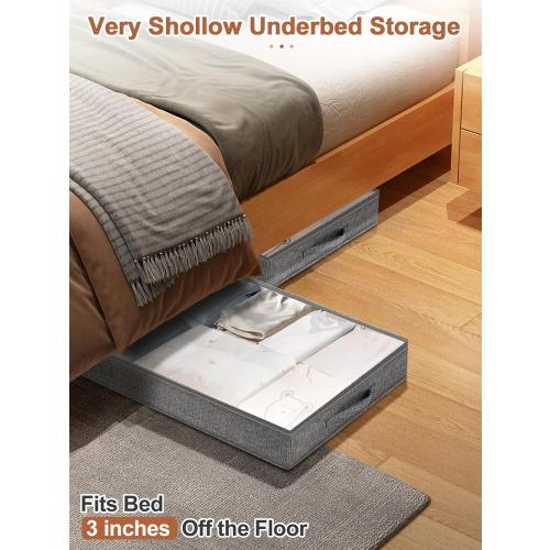 3 Inch Low Profile Under Bed Storage Bins with NO STURCTURE Design, Shallow Clothes Storage Bags with Clear Lids & Waterproof Fabric - Fits Under Sofa, Couch, Dorm, or College Beds，40x20x3inch，Grey