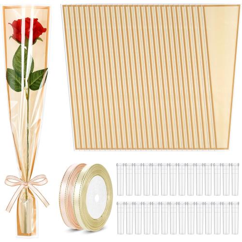 tchrules 100PCS Single Flower Bags for Bouquets, Champagne Single Rose Sleeves with Flower Water Tubes and Ribbons, Plastic Floral Wrapping Bags for Valentine's Day Mother's Day Graduation Wedding