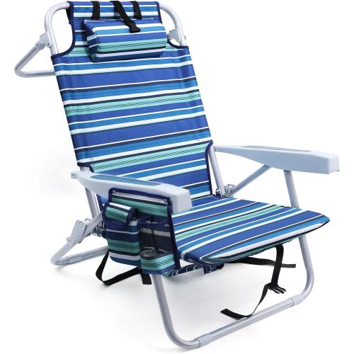 Beach Chairs for Adults Heavy Duty, Compact Portable Lay Flat Folding Chair with Backpack Straps and Large Cooler Pouch, Support to 350LBS (Stripes_Blue&Cyan)