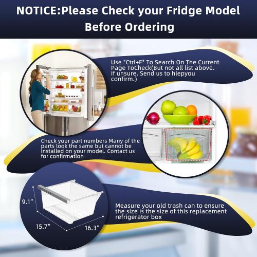 W11162443 W11046494 W11162446 Refrigerator Fridge Crisper Drawer Pan Fridge Meat Pan Bin Upper Humidity Control Drawer Compatible with Whirlpool Maytag Refrigerator Replacement Parts