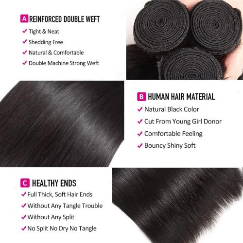 Natural Black Straight Human Hair Bundles 3 Bundles Straight Hair Brazilian Virgin Human Hair Extensions Unprocessed Hair Bundles for Women 10 12 14 Inch 300g