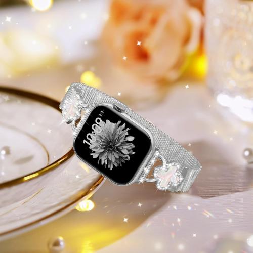Slim Metal Band Compatible with Apple Watch Bands for Women 40mm 41mm 42mm 38mm 44mm 45mm 46mm,Thin Stainless Steel Mesh Magnetic Strap with Bling Charms for iWatch SE 3 Series 11/10/9/8/7/6/5/4/3/SE