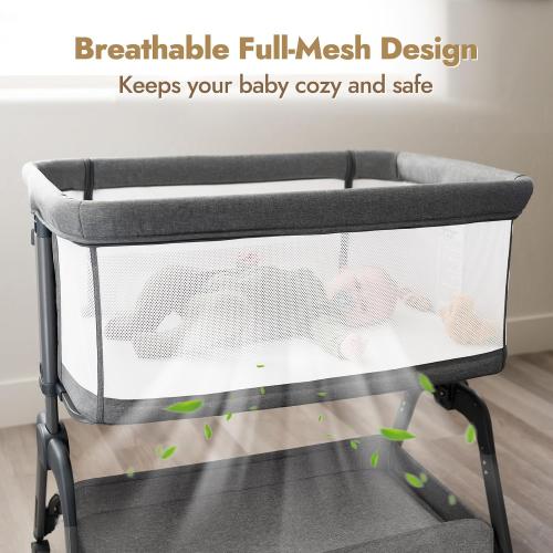 Papablic Baby Bassinet, Bedside Bassinet for Baby with Four-Sided Breathable Mesh & Soft Mattress, Adjustable Bassinet Bedside Sleeper with Storage Basket and Wheels, Easy to Assemble