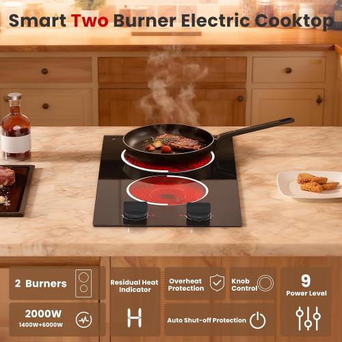 2 Burner Electric Cooktop - 12 Inch Plug in Portable 110V Electric Cook Top Two Burner, Built-in & Countertop Ceramic Stove Top with Knob Control, 9 Power Levels and Overheat Protection