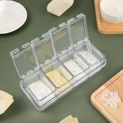 Bokon 4 Set Acrylic Clear Seasoning Box with Spoon, 16 Pcs Kitchen Seasoning Organizer Box Spice Pots Containers Condiment with Lids for Salt Candy Sugar Organizer, 10 x 4 x 3.3 Inch