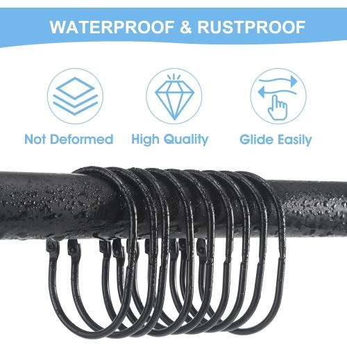 Goowin Shower Curtain Rings, 12 Pcs Shower Curtain Hooks, Oval Snap Shower Rings for Curtain, Metal Black Shower Curtain Rings Rust Proof, Glide Smoothly Shower Hooks for Shower Curtain Rod (Black)