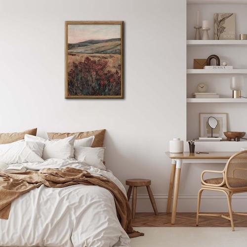 Framed 3D Textured Wall Art, Vintage Landscape Wall Decor Painting, Hand Drawn Sandstone Moody Dark Wildflower Pictures Artwork for Living Room Bedroom 16x24 inch Wood Frame