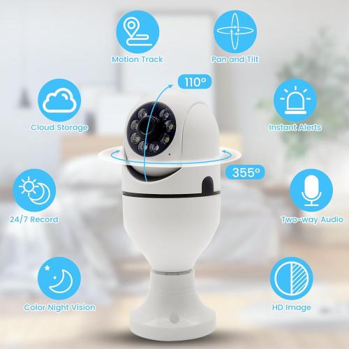Light Bulb Security Camera, 2K/3MP Outdoor Camera Wireless 2.4G Hz WiFi E27 Camera for Home Security, 24/7 Recording, Motion Detection and Alarm