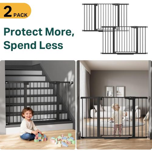 Cumbor 2 Pack 29.7-51.5 Extra Wide Baby Gate for Stairs, Easy Walk Through Dog Gates for Doorways, Pressure Mounted Pet Gate Indoor, Safety Auto-Close Child Gate for Kids with 4 Wall Cups, Black