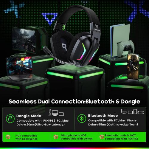 Wireless Gaming Headsets for PC, PS5, PS4, Switch, Mac, 2.4GHz Wireless Gaming Headphone with ENC Noise Canceling Microphone, Bluetooth 5.4, Cool Lighting, 50H Battery, 50mm Drivers