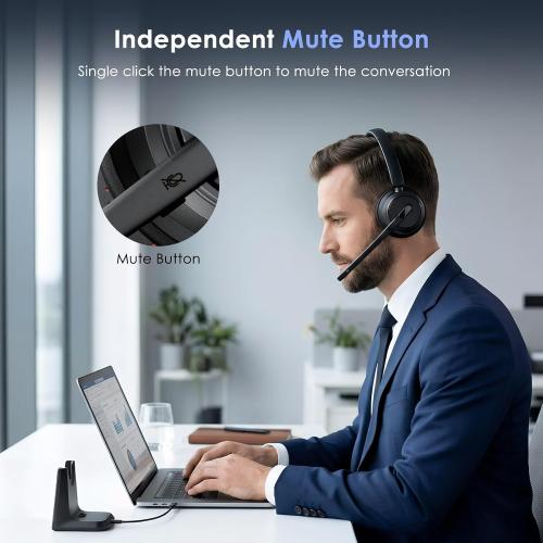 Mopchnic Wireless Headset with Noise Cancelling Microphone, On-Ear Bluetooth Headset with USB Dongle, Mute Function & Charging Base, Wireless Headphones for Work from Home and Call Center (Black)