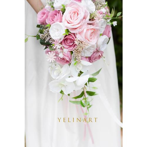 10 Inch Dusty Rose Wedding Bouquets for Bride Artificial Roses Flower Cascading Cascade Bridal Bouquet for Rustic Boho Fall Vintage Wedding Ceremony Party and Anniversary