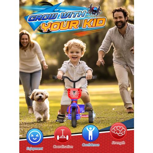 Tricycle for Toddlers 1-3 3-5 Year Olds, Spider Toddler Bike Baby Balance Bike with Colorful Lighting Wheels & Large Basket, Birthday Gift and Toy for 1 2 3 4 5 Year Olds Boys and Girls