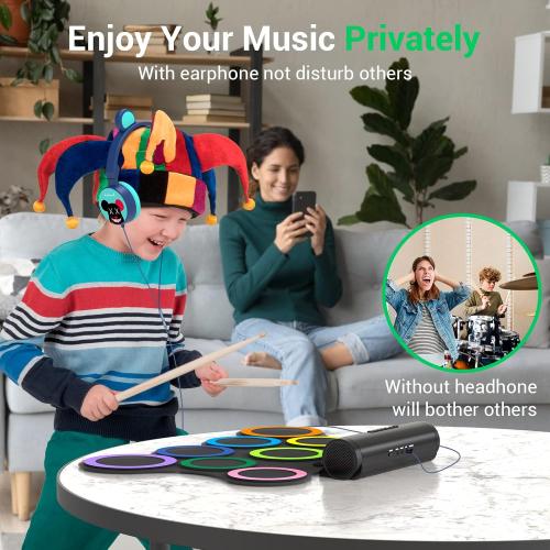 Electric Drum Set 9-Pad With Headphone, Bigger Roll-up Drum Pad USB MIDI Game, Built-in Speaker, Drum Sticks, Foot Pedals 10 Hours Playtime Holiday Xmas Birthday Gift for Kids