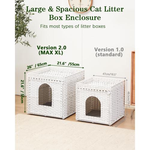 SETVSON Cat Litter Box Enclosure Furniture, Large PE Rattan, White | Large PE Rattan Kitty House fits Large Litter Boxes, Top Fence, Included Litter Mat, 2 S-Hooks, Sturdy Metal Frame