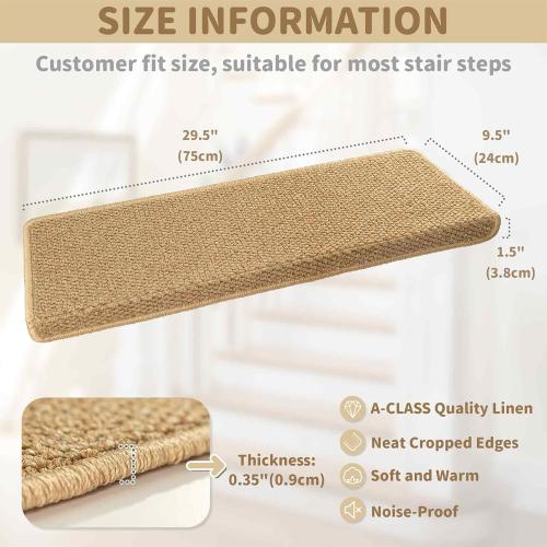 Bullnose Carpet Stair Treads, Non Slip Stair Treads for Wooden Steps Indoor, Stair Runner, Soft Stair Rugs, Edging Stair Protectors, Washable, 29.5x9.5x1.5 14pcs, Beige