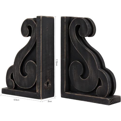 GENMOUS Rustic Distressed Vintage Scroll Corbel Bookends,Farmhouse Black Wood Decorative Bookends,Rustic Corbels Shelf Brackets,Shabby Chic Vintage Book Ends,Home Decoration and Gift,Set of 2.