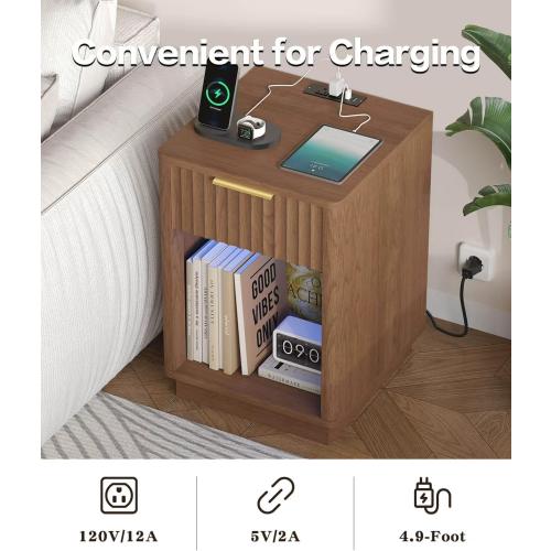 Akxomel Fluted Nightstand, Wooden Night Stand with Charging Station and LED Light, Modern Mid Century End Table with Drawer, 15 D x 15.7 W x 22.6 H, for Bedroom, Walnut