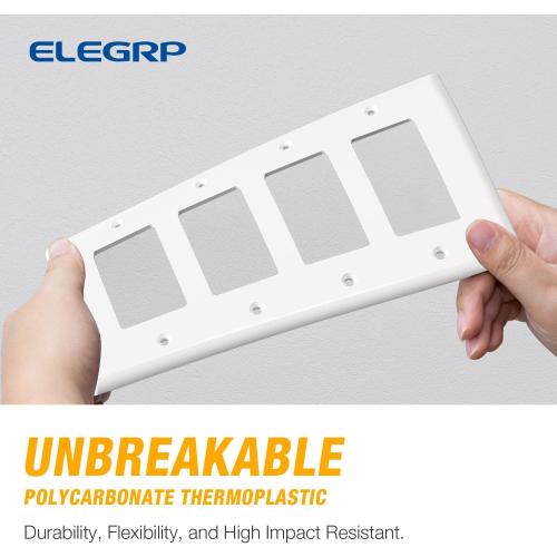ELEGRP 4-Gang Decorative Wall Plates, Mid-Size 4.88 H x 8.57 L Unbreakable Thermoplastic Faceplate Cover for Decorator Receptacle Outlet Switch, UL Listed (1 Pack, Glossy White)
