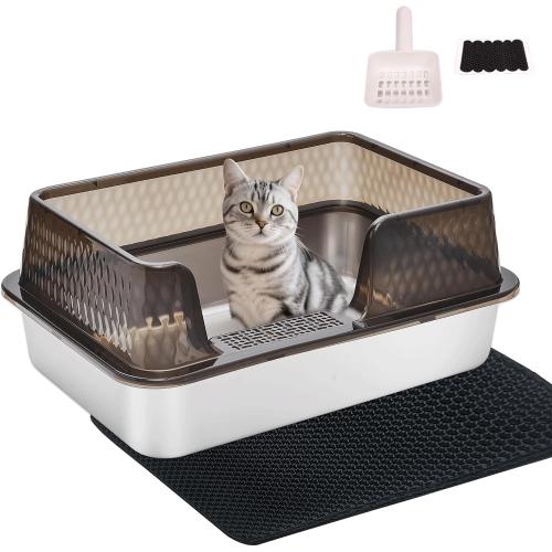 Medium Low Entry Enclosed Stainless Steel Cat Litter Box with lid Scoop and Pads Easy Clean Kitten Kitty Transparent Black Metal Litter Box