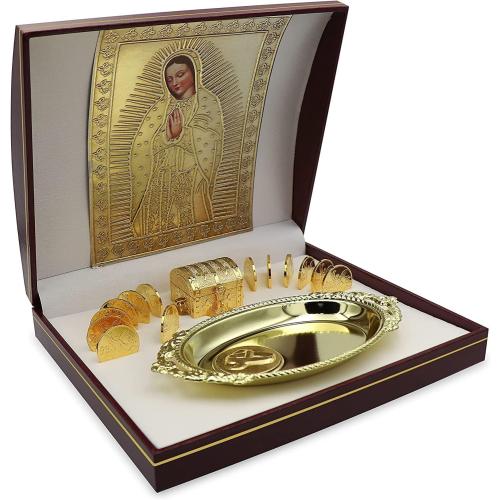 EHV 24K Gold Plated Wedding Unity Coins with Decorative Display Case, Treasure Box, Classic Arras Ceremony Souvenirs, Beautiful Gift Set Marriage Matrimoniales Boda (San Benito)
