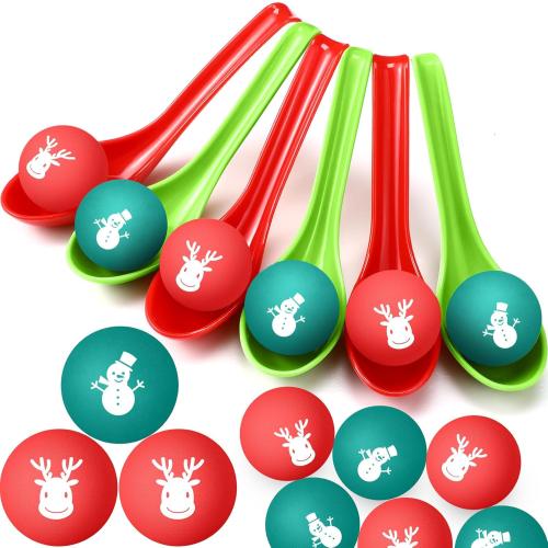 48 Pack Christmas Game for Family Party Spoon Relay Race Toy Set Christmas Tree Santa Snowman Reindeer Ball and Spoon Race Game for Indoor Outdoor Holiday (Snowman, Reindeer)
