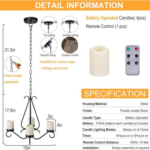 Battery Operated Chandelier, Outdoor Chandelier with 4pcs Battery Operated Led Candles, Hanging Candle Chandelier Lights Outdoor for Gazebo, Pergola, Patio, Canopy, Porch, Tent Decor