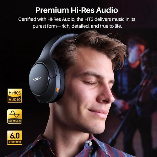TOZO HT3 Hybrid Noise Cancelling Headphones, 90H Playtime Wireless Over Ear Bluetooth Headset, Spatial Audio AI Chat with 5 Mics, Supports Dual Connection and USB-C Input, with 32 EQ Music Modes