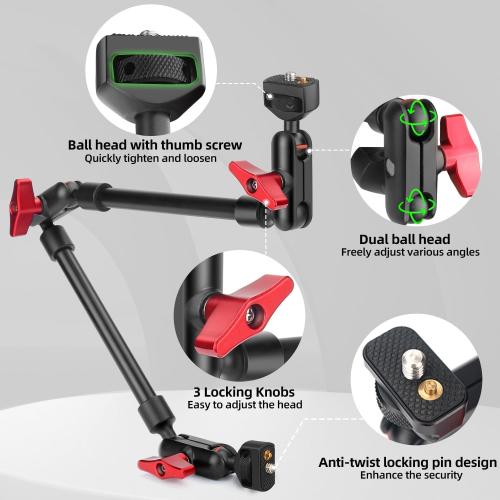 HEMMOTOP 22in Magic Arm with Clamp, Long Articulating Arm Camera Mount, Adjustable Phone Mount Holder 360° Rotation, Mic Arm for Microphone, LED Lights, for iPhone, Tripod, Desk, Table