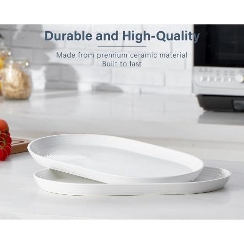 ONEMORE 16 Inch Ceramic Serving Plates for Entertaining, Set of 2 Large Oval Dinner Plates- Dishwasher Oven Safe Serving Tray for Food Meat Fish Parties- Porcelain Thanksgiving Turkey Platters - White