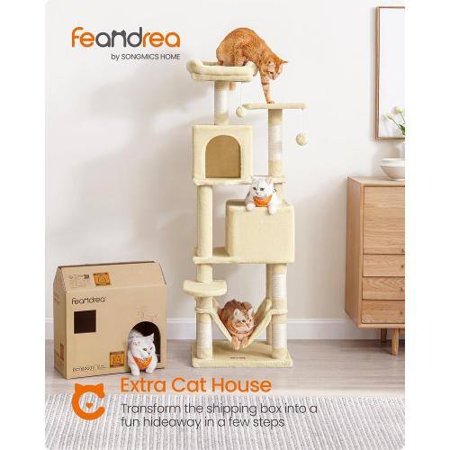 (same brand model different) Feandrea Cat Tree, Cat Tower, Plush Multi-Level Condo with  Scratching Posts, Perches, Caves, Hammock, Pompoms, Beige UPCT192M01