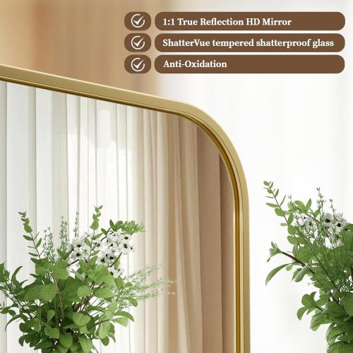 BEAUTYPEAK 26 x 38 Rectangular Aluminum Alloy Frame Wall Mounted Bathroom Mirror with Rounded Corners, Gold