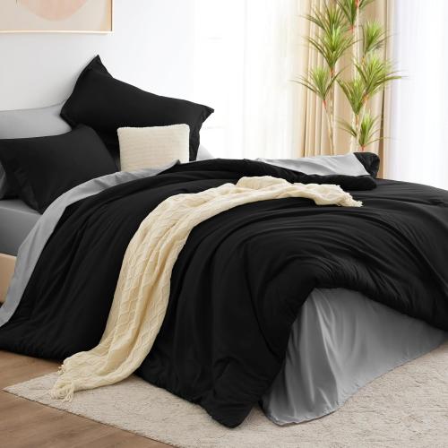 CozyLux Black Queen Comforter Set - 7 Piece Bed in a Bag Bedding Set with Comforter, Flat Sheets, Fitted Sheet, Pillowcases & Shams - Boho Contrasting Design Black and Grey
