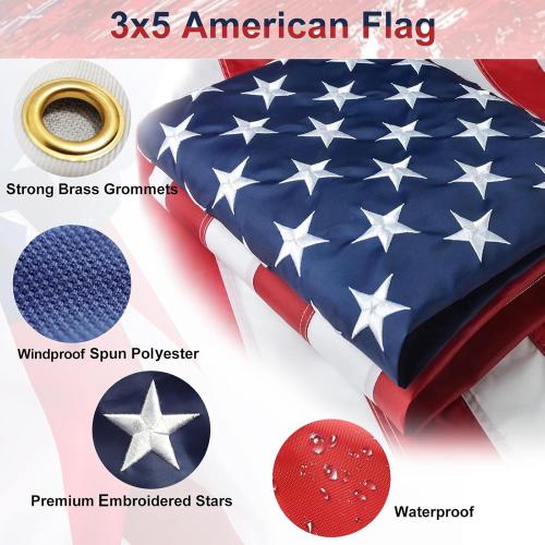 American Flag with Pole Kit - 5ft Heavy Duty Non-Tangle Flag Pole Holder for Outside House,3X5 Embroidered US Flag,Dual Bracket for Hanging Banners,Garden Flags,Grommets, for Front Porch,Outdoork