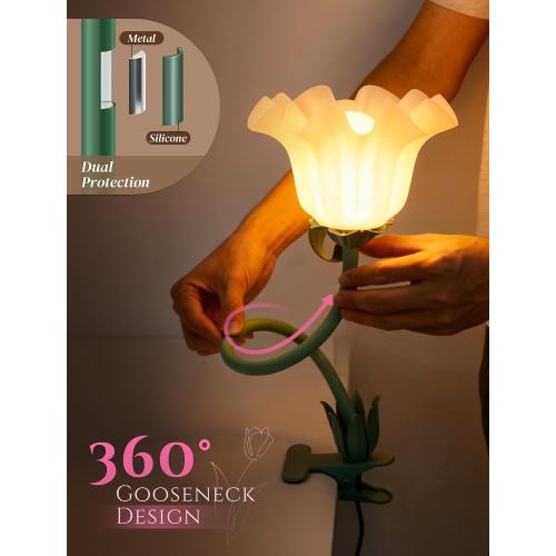 ONXE Clip On Light and Flower Desk Lamp, Flexible Gooseneck Reading Book Light with 3 Color Modes Cute Table Lamp Decor, Clip on Bedside Lamp for Bed Headboard,Table, Nursery,Dorm (Green-02)