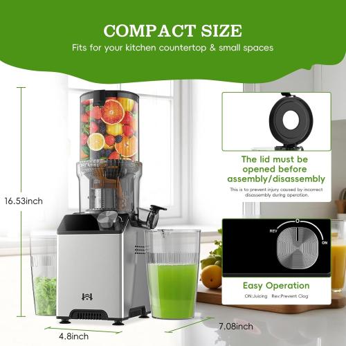 Cold Press Juicer, Wide Feed Chute Juicer Machines, Stainless Steel Slow Masticating Juicers Easy to Clean, Vegetables & Fruits Juice Extractor, High Juice Yield, Gray Knob