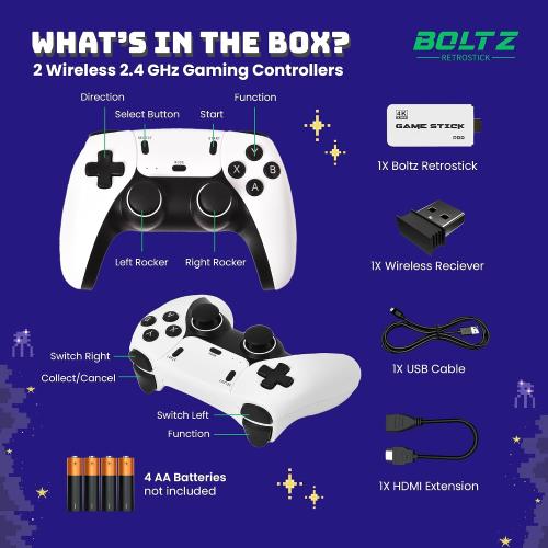 White Boltz Retro Stick Gaming Stick – Retro Gaming Console with 40,000  Classic Video Games, 9 Emulators, 128GB Storage, Plug & Play 4K HDMI Output, Includes 2 Wireless 2.4GHz Controllers